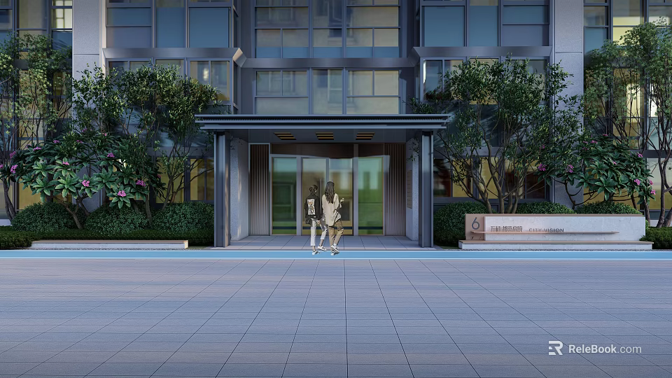 Modern Building Entrance Gate With Glass Doors And Surrounding Greenery 3d model 