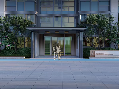Modern Building Entrance Gate With Glass Doors And Surrounding Greenery 3d model