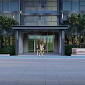 Modern Building Entrance Gate With Glass Doors And Surrounding Greenery