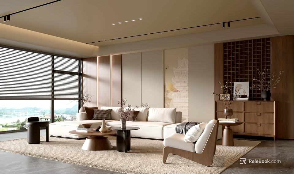 Modern Living Room Interior With Large Windows White Sofa Wooden Furniture And Area Rug 3d model 