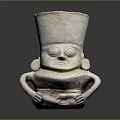 Ancient Ceramic Figure with Distinctive Headpiece Carved Eyes and Curved Arms