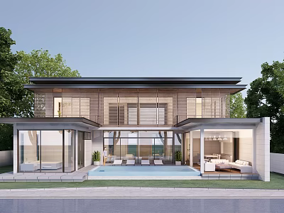Modern Two Story Detached Villa With Large Glass Walls Front Swimming Pool And Surrounding Greenery 3d model