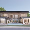 Modern Two Story Detached Villa With Large Glass Walls Front Swimming Pool And Surrounding Greenery