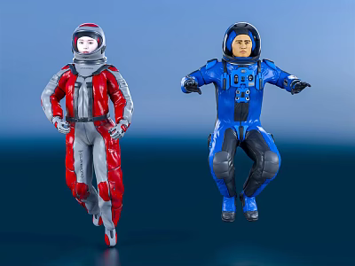 Two Men Wearing Red and Blue Astronaut Suits Standing Against Blue Background 3d model