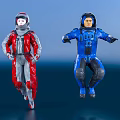 Two Men Wearing Red and Blue Astronaut Suits Standing Against Blue Background