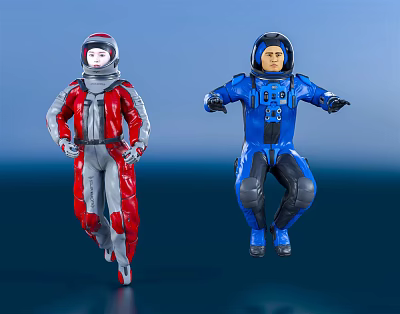 Two Men Wearing Red and Blue Astronaut Suits Standing Against Blue Background 3d model