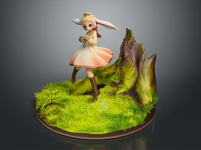 Anime Female Character Figurine With Green Grass Base Rock Pink Dress Rabbit Ears Brown Boots 3d model