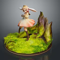 Anime Female Character Figurine With Green Grass Base Rock Pink Dress Rabbit Ears Brown Boots