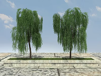 Outdoor Locker In Garden With Willow Trees And Stone Pathway Design 3d model