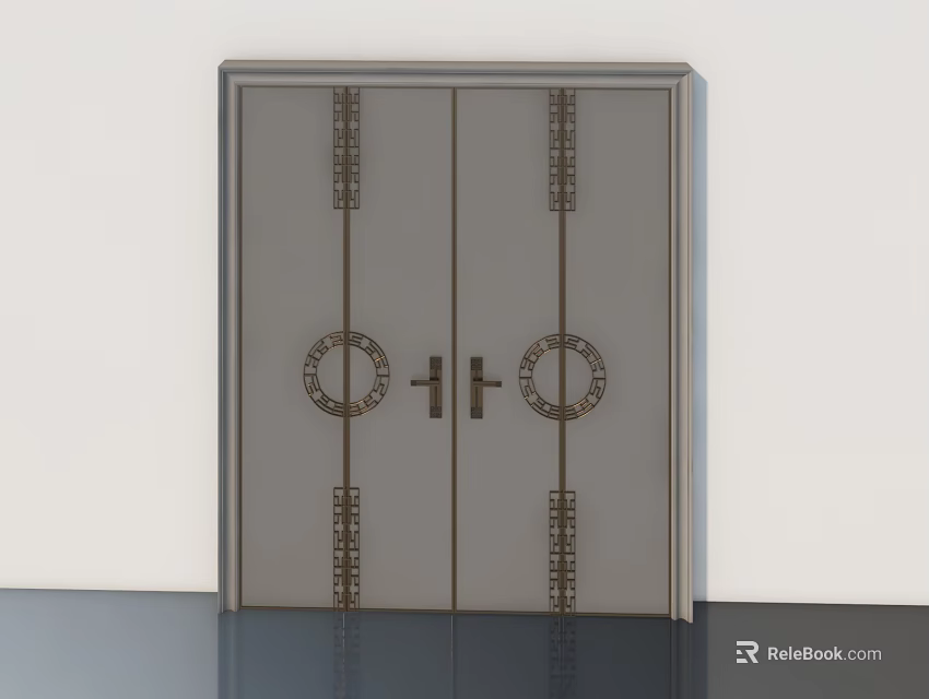 Building Exterior Wall with Double Door Featuring Metal Decorations Circular Rings and Vertical Strips 3d model 