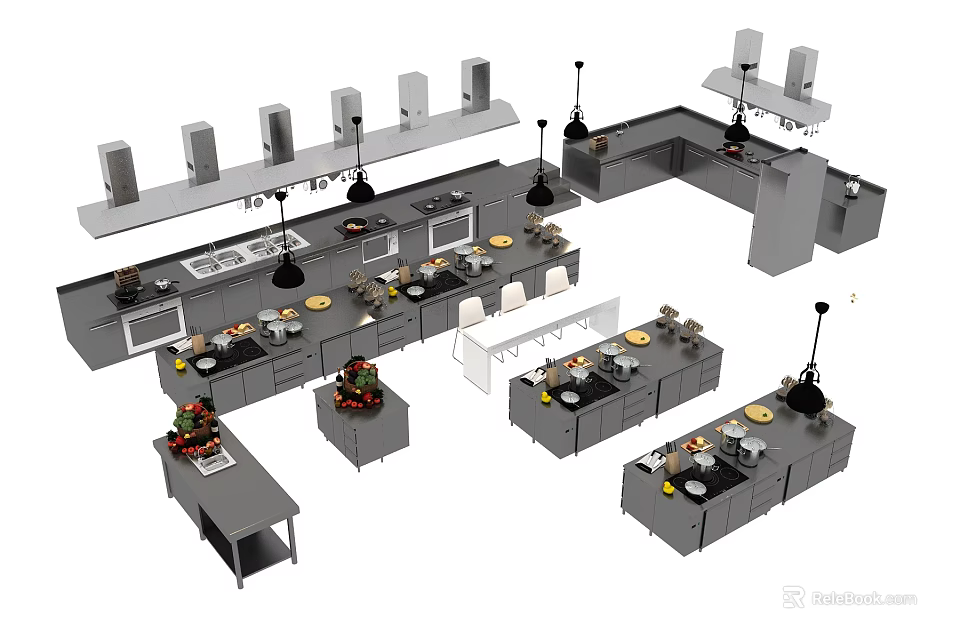 Commercial Kitchen Layout With Stainless Steel Workstations Multiple Hoods And Appliances 3d model 