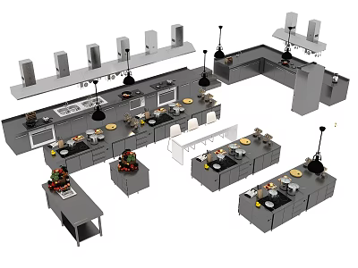 Commercial Kitchen Layout With Stainless Steel Workstations Multiple Hoods And Appliances 3d model