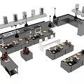 Commercial Kitchen Layout With Stainless Steel Workstations Multiple Hoods And Appliances
