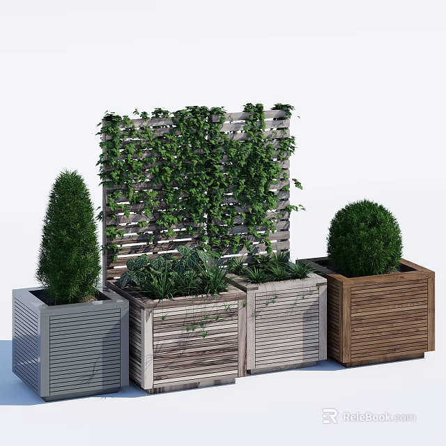 Bonsai Potted Plants In Various Wooden Planters With Ivy Covered Trellis 3d model 