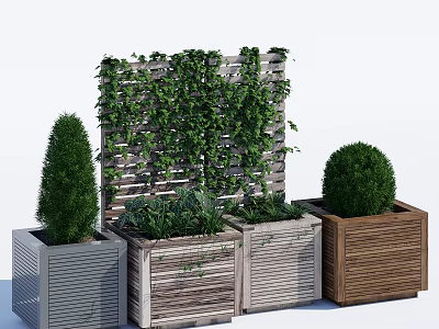 Bonsai Potted Plants In Various Wooden Planters With Ivy Covered Trellis 3d model