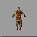 Rugged Explorer Character in Patched Clothing with Decorative Pouches and Creature Interaction