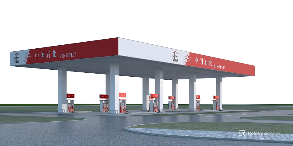 Modern Sinopec Gas Station With Red Canopy White Pillars And Fuel Pumps 3d model 