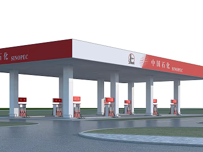 Modern Sinopec Gas Station With Red Canopy White Pillars And Fuel Pumps 3d model