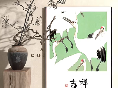 Oriental Landscape Painting With Cranes Green Background And Vase Decor 3d model