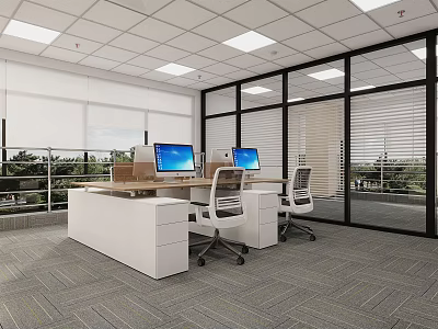 Public Office Space With Large Windows Recessed Lights Long Desk Computer Monitors Office Chairs And Gray Carpet 3d model