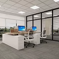 Public Office Space With Large Windows Recessed Lights Long Desk Computer Monitors Office Chairs And Gray Carpet