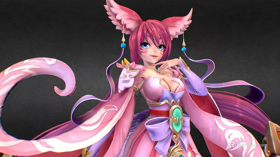 Game and Movie Character With Pink Hair Fox Ears And Nine Tails In Purple Outfit 3d model 