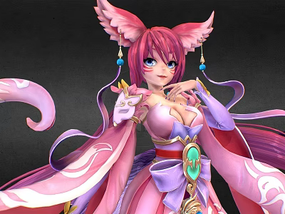 Game and Movie Character With Pink Hair Fox Ears And Nine Tails In Purple Outfit 3d model