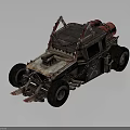 Modified Military Vehicle With Spiked Front Large Tires Rustic Metal Frame And Red Accents