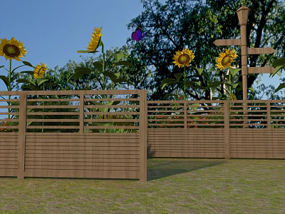 Wooden Garden Fence Surrounded By Sunflowers Butterfly And Green Trees On Grass 3d model