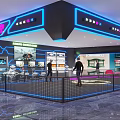 Futuristic Cyber Space Exhibition Space With Neon Lights Display Screens And Visitors Exploring