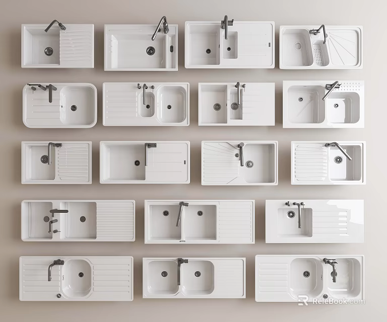 Various White Washbasins With Different Designs And Faucets For Bathroom 3d model