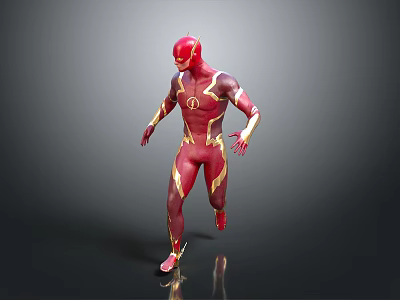 The Flash Superhero 3D Model In Red Costume With Yellow Lightning Running Pose 3d model