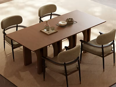 Modern Rectangular Wooden Dining Table Set With Four Chairs And Decorative Items 3d model