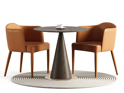Round Dark Table with Conical Legs and Two Brown Chairs on Light Circular Rug 3d model