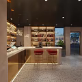 Modern Restaurant Interior With Curved Red Wall Long Dining Table Red Chairs And Wine Rack