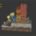 Colorful Red and Orange Buildings Model with Archway Stone Pathway and Trees