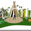 Outdoor Event Setup With Teepee Tent Green Grass Banners And Plants 3d model