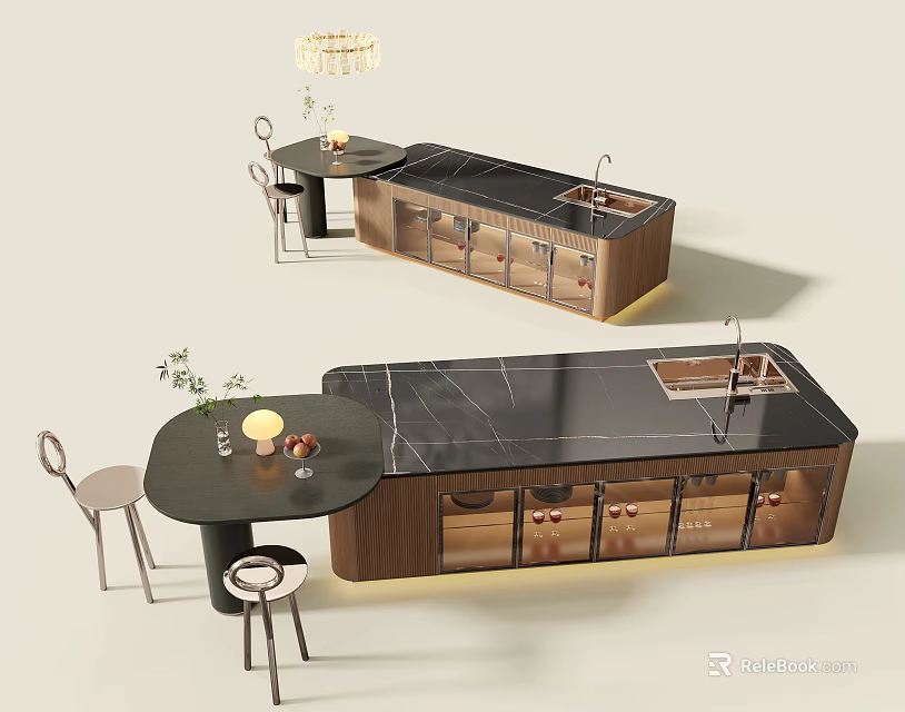 Modern Kitchen Interior With Marble Island Counter Dining Table And Cabinets 3d model