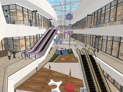 Multi Level Shopping Mall Atrium With Skylights Glass Curtain Walls Escalators And Hanging Decorations 3d model