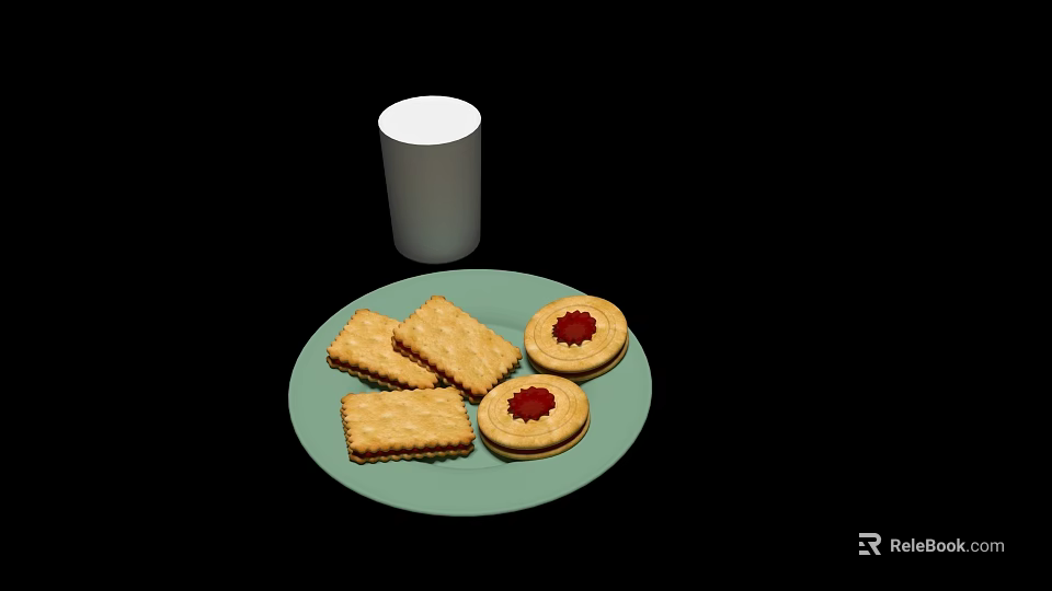 Delicious Biscuits with Jam Filling on Green Plate and White Cup 3d model 
