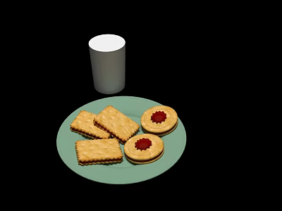 Delicious Biscuits with Jam Filling on Green Plate and White Cup 3d model