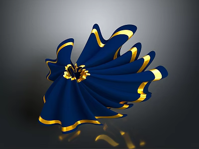 Elegant Blue Dress With Golden Trim And Detailed Flowing Ruffled Design 3d model