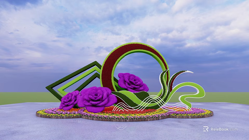 Creative Garden Ornament with Purple Roses Green Geometric Shapes Wavy Decorations in Colorful Flower Bed 3d model 