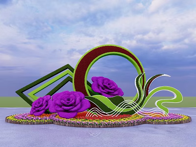 Creative Garden Ornament with Purple Roses Green Geometric Shapes Wavy Decorations in Colorful Flower Bed 3d model