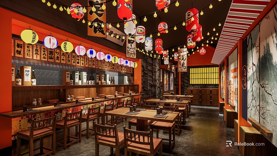 Japanese Style Restaurant Interior With Red Lanterns Daruma Decorations Wooden Tables and Chairs 3d model 