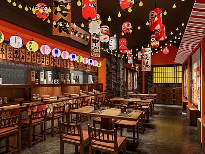 Japanese Style Restaurant Interior With Red Lanterns Daruma Decorations Wooden Tables and Chairs 3d model