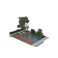 Outdoor Wooden Deck With Swimming Pool Green Plants Tree And Lounge Chairs