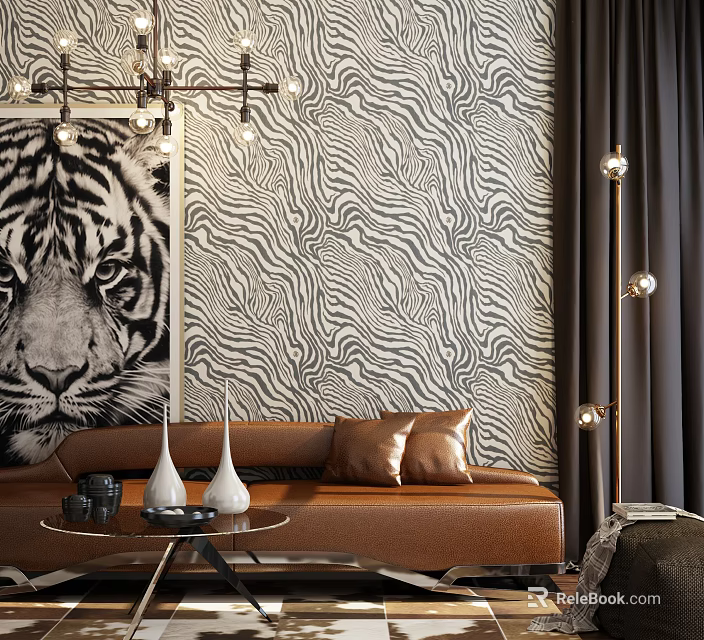 Modern Chandelier in Living Room with Tiger Portrait Zebra Print Wallpaper Brown Sofa White Vases 3d model 