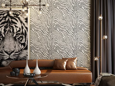 Modern Chandelier in Living Room with Tiger Portrait Zebra Print Wallpaper Brown Sofa White Vases 3d model