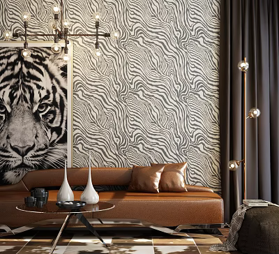 Modern Chandelier in Living Room with Tiger Portrait Zebra Print Wallpaper Brown Sofa White Vases 3d model